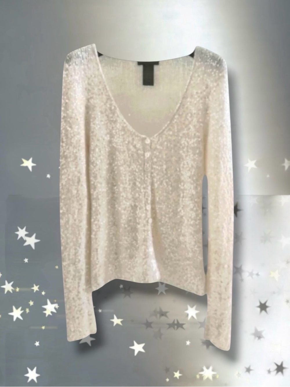 💞Donn Karan Collection Cashmere-Silk Sequins Embellished Cardigan, IVORY, Size P